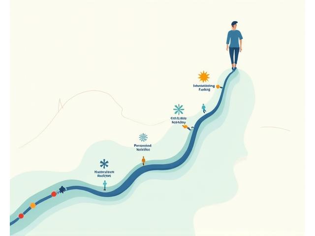 An infographic depicting a winding path representing a long, healthy life, with markers for key longevity interventions like 'intermittent fasting', 'cold therapy', and 'personalized nutrition', set against a backdrop of vital signs.