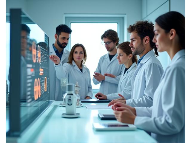 Team of experts analyzing data and testing wellness device in a modern lab in Bend, Oregon