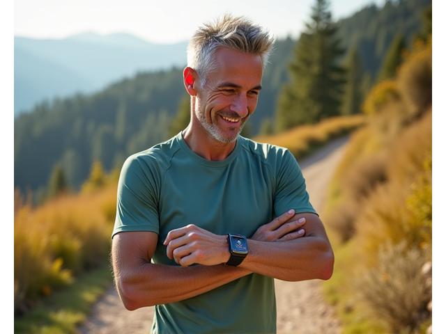 Person using fitness smartwatch during a hike, representing fitness innovation.