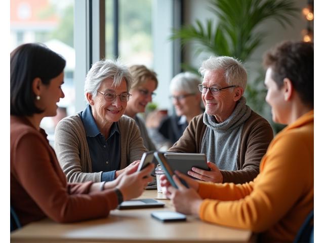 Group of diverse adults sharing progress on mobile devices, enthusiastically participating in a wellness challenge.