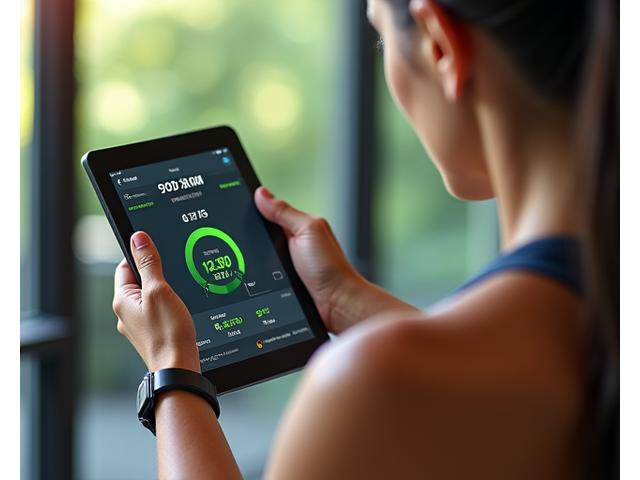Person tracking fitness data on a smart device during a moderate workout, representing intermediate tech-integrated routines.
