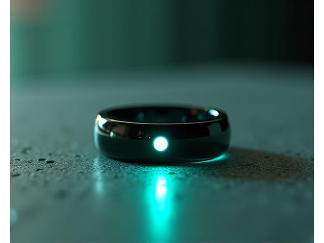 Sleek smart ring or watch displaying health metrics, representing wearable tech.