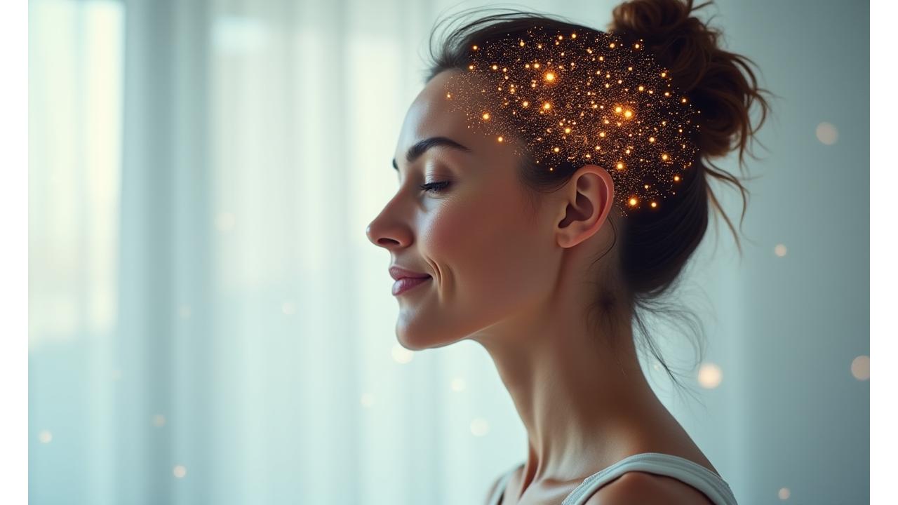Woman meditating with glowing neural network overlay, symbolizing technology-enhanced mental clarity.