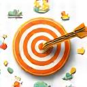 Stylized icon of a target with an arrow hitting the bullseye, surrounded by diverse elements like a fruit, a dumbbell, and a relaxing cloud, symbolizing personal health goals and preferences.