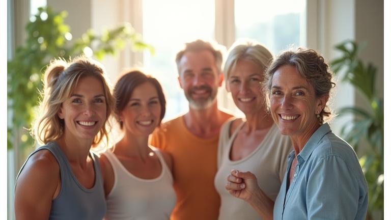 A diverse group of healthy, smiling adults engaged in various wellness activities, reflecting successful alternative therapy outcomes.