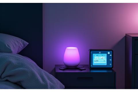 Smart home hub controlling lighting and temperature in a modern bedroom at night.