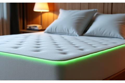 High-tech smart mattress with integrated sensors in a minimalist bedroom setting.
