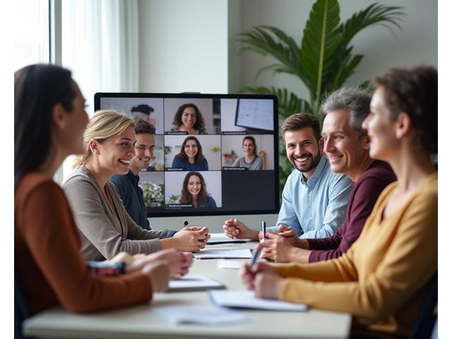 Diverse group of adults (35+) smiling and collaborating in a virtual meeting setting, representing diverse backgrounds and interests in wellness.